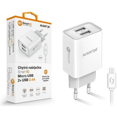 Chytrá síťová nabíječka ALIGATOR 2.4A, 2xUSB, smart IC, bílá, Micro USB kabel 2A – Hledejceny.cz