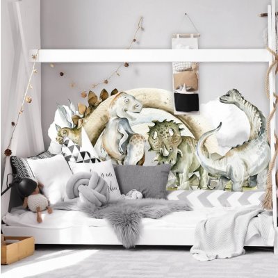 INSPIO Samolepka za postel - Svět dinosaurů auta a dinosauři, za postel, akvarelové samolepky šedá, hnědá, plnobarevný motiv rozměry 210x90 – Zboží Dáma