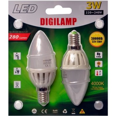 Digilamp LED žárovka E14 C37, bílá, 3W