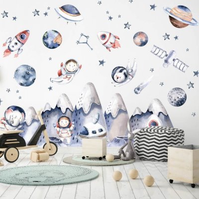 INSPIO Dětské samolepky na zeď - Astronauti a vesmír pro kluky N.2. Kopce 57x129cm + doplňky – Zboží Dáma