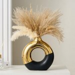 Keramická váza ve tvaru koblihy, 20,5D x 20,5V cm, bílo-zlatá kulatá váza pro pampasovou trávu, – Zboží Dáma