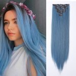 Vlasy clip in 7 pásů - modré vlasové příčesky rovné 50 cm