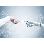 WEBLUX 201581385 Samolepka fólie Human and robot hands reaching out Lidské a robotické ruce natahující ruku síť rozměry 100 x 73 cm