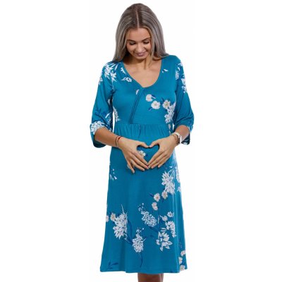 Tyrkysová luxusní jemná těhotenská i kojící košilka s 3/4 rukávem na zip a šedé květy 1D1289 modrá – Zboží Mobilmania