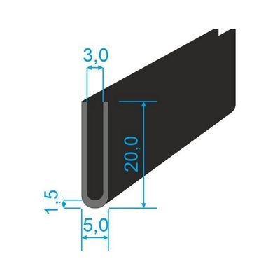 00535170 Pryžový profil tvaru "U", 20x5/3mm, 70°Sh, EPDM, -40°C/+100°C, černý – Sleviste.cz