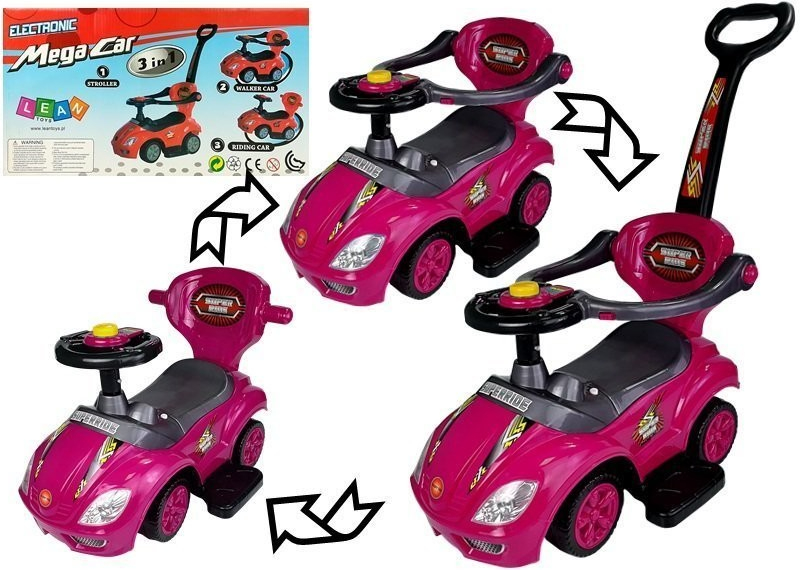 LEAN CARS s rodičovskou rukojetí Mega Car 3v1 růžová