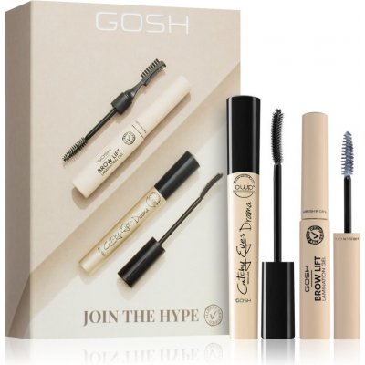 Gosh Join The Hype Catchy Eyes Drama posilující řasenka pro extrémní objem a intenzivní pohled 10 ml + Brow Lift Lamination gel na obočí s kartáčkem 2 v 1 6 ml dárková sada