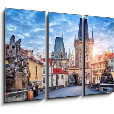 Obraz 3D třídílný - 105 x 70 cm - Sunrise on Charles bridge in Prague Czech Republic picturesque Východ slunce na Karlově mostě v Praze, Česká republika, malebné – Hledejceny.cz