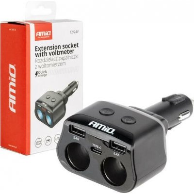 Dvojitá prodlužovací zásuvka 2xUSB 1xUSB C 12/24V max 200W AMIO-04173, , , | Zboží Auto