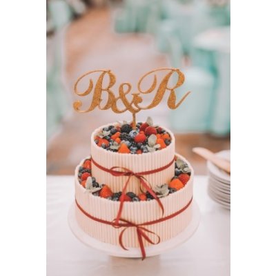 Glitrový zápich do svatebního dortu s iniciály novomanželů - velký - Stříbrný glitrový
