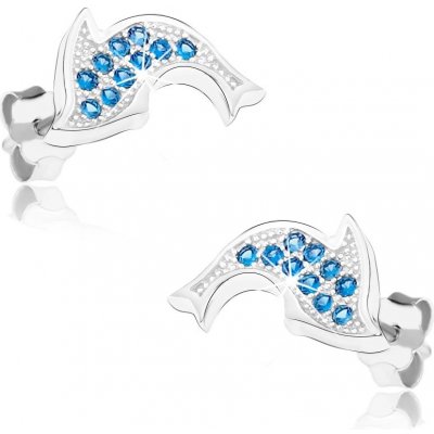 Šperky eshop rhodiované náušnice ze stříbra blyštivý delfín modré zirkonky SP64.16