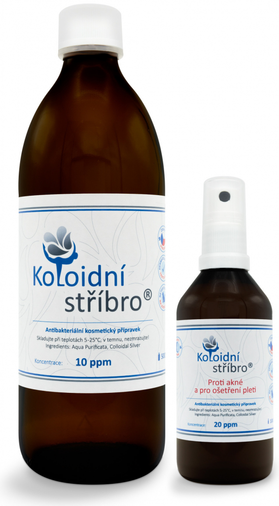 Koloidní stříbro Sada proti akné a pro ošetření pleti Koloidní stříbro 10 ppm 500 ml + sprej 20 ppm 100 ml Skleněné lahve