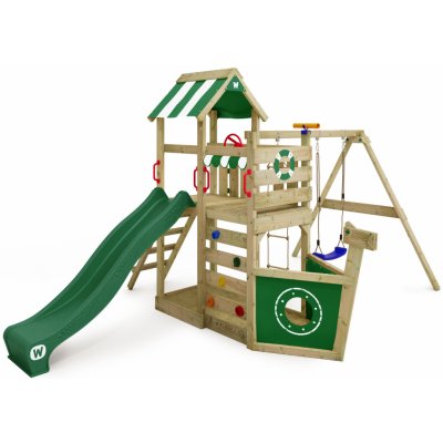 WICKEY Hrací věž Prolézačka SeaFlyer s houpačkou a skluzavkou, domek na stromě s pískovištěm, žebříkem na lezení a hracími doplňky - zelená barva – Zboží Mobilmania