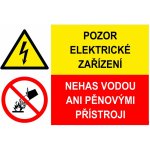 Walteco Pozor, elektrické zařízení/Nehas vodou ani pěnovými přístroji, 80x50mm, samolepka , 20082 – Sleviste.cz