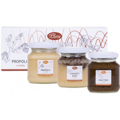 Pleva Dárková krabička s medy propolis kakaové boby a rakytník v medu 3 x 170 g – Zbozi.Blesk.cz