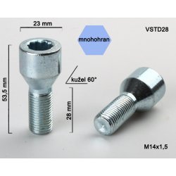 Kolový šroub M14x1,5x28 kužel s vnitřním mnohohranem, VSTD28 ; průměr 23mm, výška 53,5