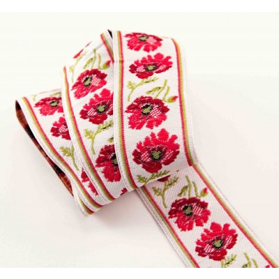 Krojová stuha - bílá s vlčími máky - šíře 3 cm – Sleviste.cz