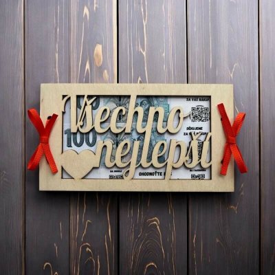 Dřevěná obálka na peníze Všechno nejlepší ze srdíčkem – Zboží Živě