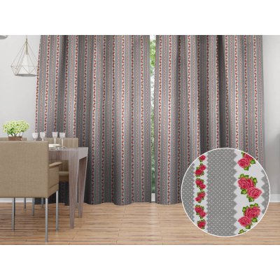 Biante Bavlněný závěs Sandra SA-419 Růžičky na šedém puntíkovaném 150x140 cm – Sleviste.cz