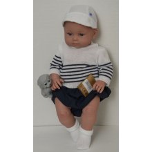 Lamagik Realistické miminko chlapeček Arthur bílém svetříku s pruhy a čepicí