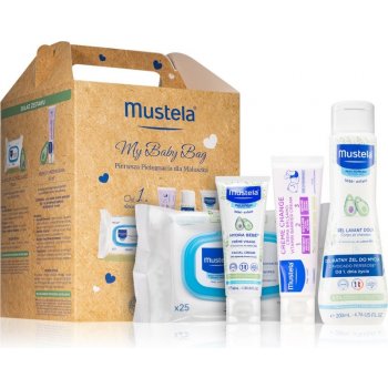 Mustela Bébé tělový a vlasový mycí gel 200 ml + čistící ubrousky 25 ks + dětský ochranný krém proti opruzeninám 50 ml + hydratační krém na obličej pro děti od narození 40 ml dárková sada