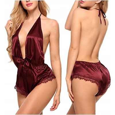 Bdsm-Bondage-Shop Sexy vintage saténové teddy s odhalenými zády 1136 Wine-Red – Zboží Dáma