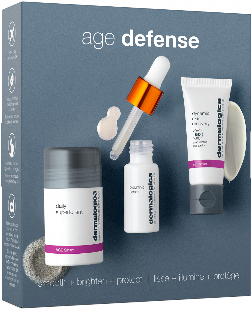 Dermalogica AGE Defense sada s viditelným protivráskovým účinkem exfoliační prášek 13 g + sérum s vitamínem C 10 ml + SPF krém proti vráskám 12 ml dárková sada