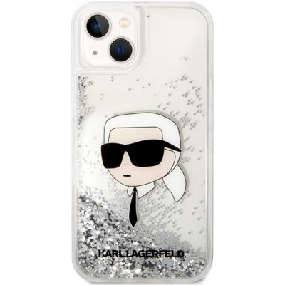 Pouzdro Karl Lagerfeld Liquid Glitter Karl and Choupette Head iPhone 15 stříbrné
