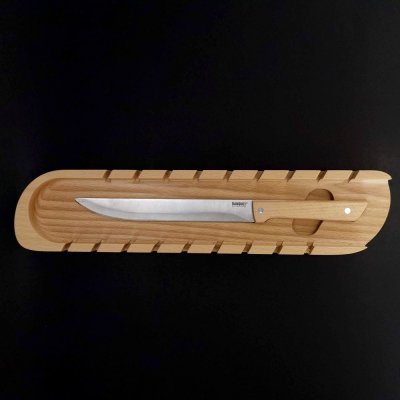 Prkénko AMADEA Dřevěné prkénko na bagety s nožem, masivní dřevo, 41x9x3 cm (26699)