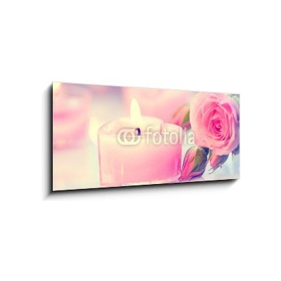 Skleněný obraz 1D - 120 x 50 cm - Valentine`s Day. Pink heart shaped candles and rose flowers Valentýn. Svíčky ve tvaru růžového srdce a růžové květy – Hledejceny.cz