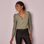 Halenka s krajkovými rukávy a stuhou na zádech bronzová – Zboží Dáma