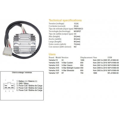 DZE regulátor napětí YAMAHA XVS 650 V-STAR 01-16; YZF 750 R7 99; FZS 1000 01-05; (5KP-81960-00) (35A) (ESR266) (5FL-81960-00) | Zboží Auto
