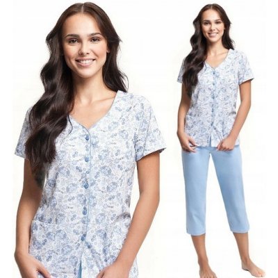 Luna damské letní pyžamo kapri tříčtvrteční na rozepínání modrá