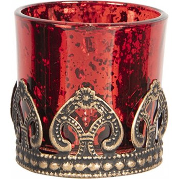 Červený skleněný svícen na čajovou svíčku s kovovým zdobením -Ø 5*5 cm – 5x5 cm