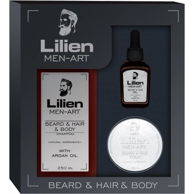 Lilien Men-Art Beard & Hair & Body White univerzální šampon 250 ml + vyživující olej 50 ml + stylingový vosk na vlasy a vousy 45 g dárková sada – Zboží Mobilmania