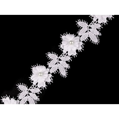 Vzdušná krajka 3D květ s perlou šíře 42 mm Varianta: Off White, Balení: 1 m – Zboží Dáma