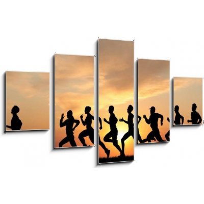 Obraz 5D pětidílný - 125 x 70 cm - Marathon, black silhouettes of runners on the sunset Maraton, černé siluety běžců na západ slunce – Zboží Mobilmania