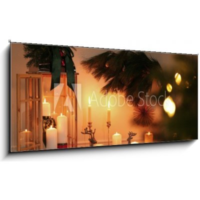 Obraz 1D - 120 x 50 cm - Wooden decorative Christmas lantern and burning candles on table indoors Dřevěná dekorativní vánoční lampa a hořící svíčky na stole v interiéru – Zbozi.Blesk.cz