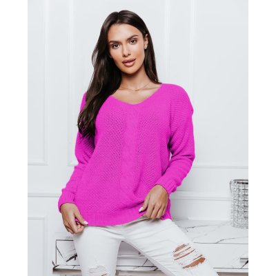 Fashionweek Luxusní svetr dámský s výstřihem do V NB6482 Růžový neon – Zboží Mobilmania