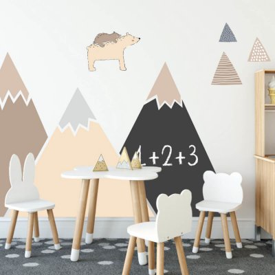 INSPIO Samolepka Dětské samolepky na zeď - Hnědé hory a kopce s tabulovou fólií domy a kopce hnědá, krémová, plnobarevný motiv rozměry 160x90