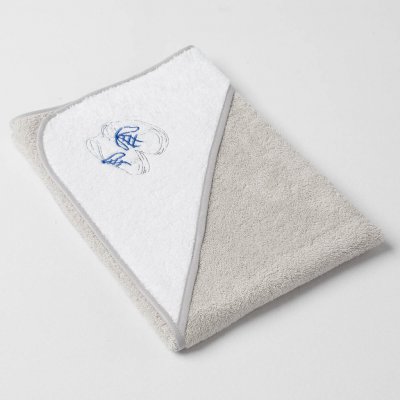 Veba LOTA osuška s kapucí světle šedobílá s výšivkou První krůčky šedá lemovka 75x75 cm – Zboží Dáma