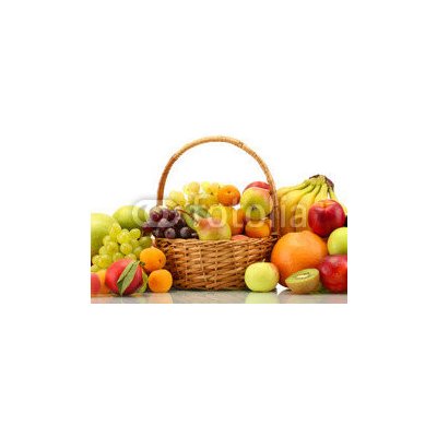 WEBLUX 58933101 Fototapeta vliesová Assortment of exotic fruits in basket isolated on white Sortiment exotických ovoce v koši izolovaných na bílém rozměry 200 x 144 cm