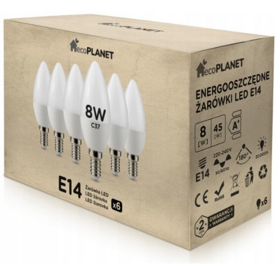 EcoPlanet 6x LED žárovka E14 svíčka 8W 700lm studená bílá