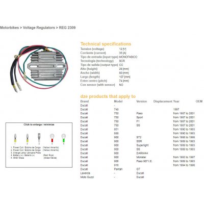 DZE regulátor napětí DUCATI 748/750/851/888/900/906/916 87-01 (jednofázový, 35A) (ESR510;ESR515) | Zboží Auto