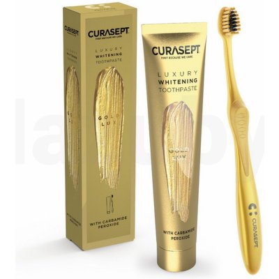 Curasept Luxury Gold bělící zubní pasta s karbamid peroxidem 75 ml + ultrasoft zubní kartáček dárková sada – Zbozi.Blesk.cz