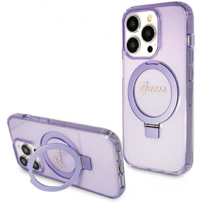 GUESS iPhone 15 Pro Max logo Magsafe / Glitter Script / stojánek na prsten / fialové – Zboží Mobilmania