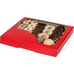 Krabice na cukroví červená s okénkem (24,5 x 22 x 3 cm) dekorace na dort -  Nejlepší Ceny.cz