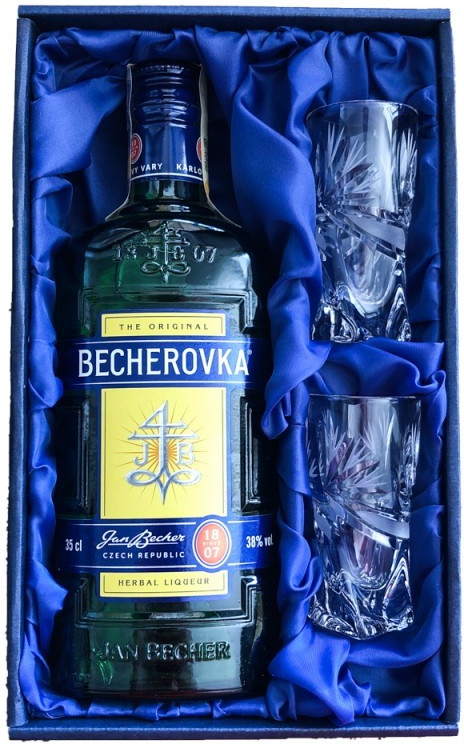 Becherovka 38% 0,35 l (dárkové balení mašle + 2 sklenice)