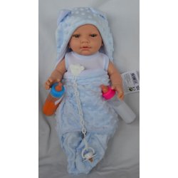 Marina & Pau Realistické miminko chlapeček Sebík v modrém overalu bez rukávů R.N. Bath Time Blue 45 cm