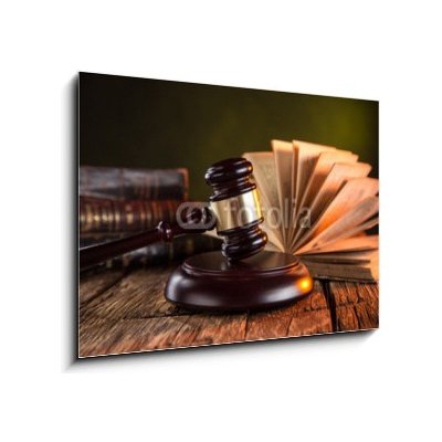 Obraz 1D - 100 x 70 cm - Wooden gavel and books on wooden table, law concept Dřevěná palička a knihy na dřevěném stole, koncept práva – Hledejceny.cz